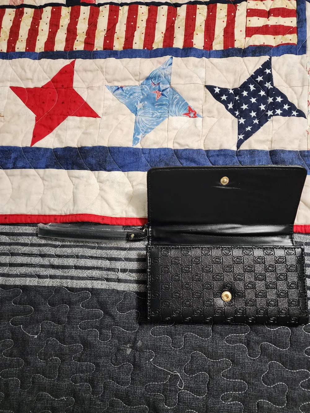 Bebe Black Embossed Leather Wallet with Gold Plate